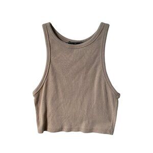 Zara Cropped Tank Top Size Large Ribbed Crewneck Sleeveless Tan Stretch Neutral